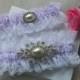 Wedding Garter Set,White Chantilly Lace And Lilac Satin With Rhinestone Pearl Applique