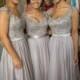 Silver Chiffon Beaded Cap Sleeves Bridesmaid Dress
