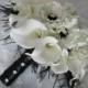 Package Realtouch White Calla Lilies  and  Silk Anemones with an Inky Black Centers Bridal and Bridesmaids Bouquet Set