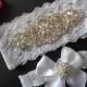 Wedding Garter Set Ivory or White Stretch Lace Bridal Garter Set Crystals and Rhinestones and Lovely Pearls.