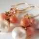 Coral Bead Cluster Earrings, Coral Bridesmaid Jewelry Sets, Pearl Earrings in Gold, Beaded Wedding Jewelry, Bridesmaid Gift, Handmade