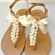 Wedding sandals- Greek leather sandals decorated with white pearls and satin bow -Bridal party shoes- Ivory women flats- Bridesmaid sandals