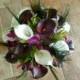 Cymbidium orchid and real touch calla lily bouquet, peacock feathers, plum, purple and green bridal bouquet, customizable