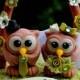 Wedding cake topper, chocolate owl bride and groom with floral arch and banner, apple green wedding