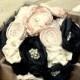 Champagne wedding bouquet, Fabric flower bridal bouquet, Elegant bouquet in champagne and black, 8"