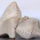 Custom Wedding Shoes -- Champagne Peep Toe Wedding Wedges with Lace Overlay, Pearl Buttons on Heel and Champagne and Pearl Flowers - New