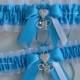 Police or Sheriff Wedding Garter Set Rhinestone Hearts Handcuff Charms Turquoise White Silver Garters