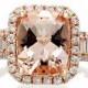 18K Rose Gold 10x8 Cushion Cut Diamond Halo Three Stone Morganite Engagement Ring Bridal Alternative Wedding Anniversary Jewelry Ring