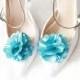 Teal Satin Flower Shoe Clips - Wedding Shoes Bridal Couture Engagement Party Bride Bridesmaid