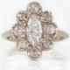 Rustic Diamond Engagement Ring in 14K White Gold, Rustic Gray Diamonds, Marquise White Diamond, Gray Diamond Ring, Vintage Inspired