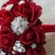 Silk Red Brooch Wedding Bouquet - Natural Touch Roses and Flower Brooch Jewel 8" Bride Bouquet - Rhinestones
