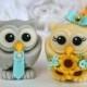 Owl love bird wedding cake topper, cream and grey owls, turquoise wedding, sunflower bouquet