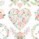 Floral wedding clipart: "FLORAL WEDDING BELLS" with floral heart clipart, flower wreaths, ribbons, flower bouquets for wedding invitations