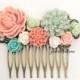 Peach Pink Mint Green Wedding Pastel Coral Mint Shabby Chic Bridal Hair Comb Romantic Woodland Hair Accessories for Bride Floral Headpiece