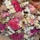 Drried Flower Wedding Bouquet of Variegated Pinks and Ivory Dried Flowers with Vintage Lace   - For Wedding  - Made to Order