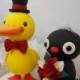 Custom Wedding Cake Topper--Love Yellow Duck & Penguin  with circle clear base