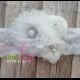Wedding White Chiffon Flower - Rhinestone Pearl Button - Satin Rose on Lace Elastic Headband For Newborns, Girls, Toddlers, Babies, Teens