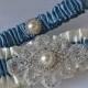 Wedding Garter Set - Antique Blue Garters And Ivory Satin With Rhinestone Embellishments, Garter Belts, Bridal Garter Set