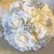 Ivory real touch rose wedding bouquet with rhinestone brooches, bridal bouquet