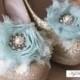 Cyan blue and Ivory, chiffon shoe clips with pearl/rhinestone center