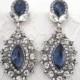 Clear Rhinestone Wedding Earrings Sapphire Earrings Dangle Bridal Evening Earrings Art Deco Earrings Blue Silver Woman Jewelry Accessory