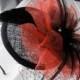 Red Flower Black Feather Sinamay Fascinator Hat with Veil and Crystal Headband, for weddings, parties, cocktail, evening, special occasions