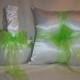 White Satin With Lime Green Ribbon Trim Flower Girl Basket And Ring Bearer Pillow