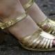 METALLIC Sandals 90s GOLD Faux Leather CAGE Strap Block Heel Slingback Shoes Open Toe Slip On Sliders Slides size Eur 37.5, Us 7 , Uk 4.5