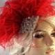 Red Bridal Fascinator, Silver Beaded A/B Rhinestone Center, Feather Fascinator, Bridal Veil, Wedding Veil, Hair Clip