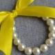 ivory pearl bracelet pearl bracelet,,Ribbon Ties bracelet,yellow Ribbon ,Glass Pearl bracelet,Wedding bracelet.bridesmaid bracelet,Jewelry