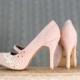Blush Wedding Shoes - Blush Mary Jane Pumps, Blush Heels, Blush Pumps with Ivory Lace. US Size 7.5