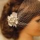 Boho Gatsby 1920's style Wedding Lace FlowerCrystal, Pearl Hair Clip Bridal Blusher Birdcage Veil  French net veil White Ivory