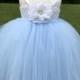 girls white and light blue tulle dress, light blue tulle tutu dress, light blue flower girl dress, light blue and white birthday dress