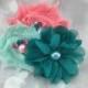 Coral and Teal Bow & Pearl Fluffy Floral Pet Collar Flower - Cat Dog Accessory