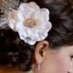 Bridal WHITE HAIR FLOWER with russian netting, feathers, rhinestone or pearls / flower hair clip / pure white bridal flower