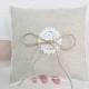 Burlap ring pillow cushion with white lace applique and lace border natural rustic linen wedding pillow
