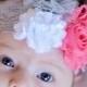 Grey Elastic headband - Pink Shabby, White mesh pom, Grey Tulle Flower on a Grey Elastic Headband baby toddler child women teen wedding girl