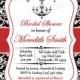 Bridal Shower Printable Invitation - Chandelier, Black White and Red, Wedding Shower Invitation, Black and White Damask - 015