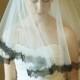 Wedding veil, bridal veil, two tier lace edge veil in ivory, 1 inch black lace trim, elbow length, bridal tulle