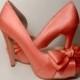 Coral Bow Front Four Inch Platform Heels, Silk Wedding Shoes, Bridal Silk Bow Front Shoes, Platform Silk Shoes