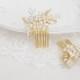 Bridal flower comb set, crystal pearl hair brooch, wedding hair jewelry, floral leaf hairpins, gold headpieces, bride accessories - Alix