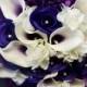JennysFlowerShop 12”W Real Touch Calla Lily Wedding Bride Bouquet Cascading and Hand-Tied  in Purple Silk Roes Hydrangeas