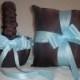 Chocolate Brown Satin With Light Blue / Baby Blue Ribbon Trim Flower Girl Basket And Ring Bearer Pillow 2