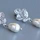 Leaf Crystal Earrings, Bridal Dainty Earrings, Bridal Stud Earrings, Pearl Drop Earrings, Bridal Jewelry, Pearl  Wedding Earrings, FLEUR