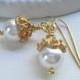 White Pearl Drop Earrings In Gold, Classic, Wedding Jewelry, Bridesmaid. Gold, Winter Jewelry