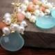 Sky blue chalcedony, fresh water pearl and coral accents earrings & necklace matching set, bridesmaid jewelry bridal party gift sets
