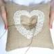 Burlap Ring pillow Bearer Pillow Ring Cushion with Heart Lace Ring pillow 6.5'' Woodland / Rustic / Cottage style Weddings