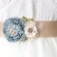 Wedding Sash Belt - Teal Blue, Ivory and Cream Fabric Flowers