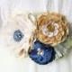 Floral Wedding Dress Belt - Ivory, Blue and Golden Yellow Fabric Flowers