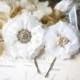 Bridal Hair Pins - Ivory Fabric Flowers with Pearl and Rhinestone Centers